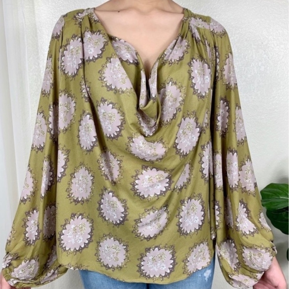 Free People Floral Drape Open Front Long Sleeve Boho Blouse Pleated Loose Fit XS